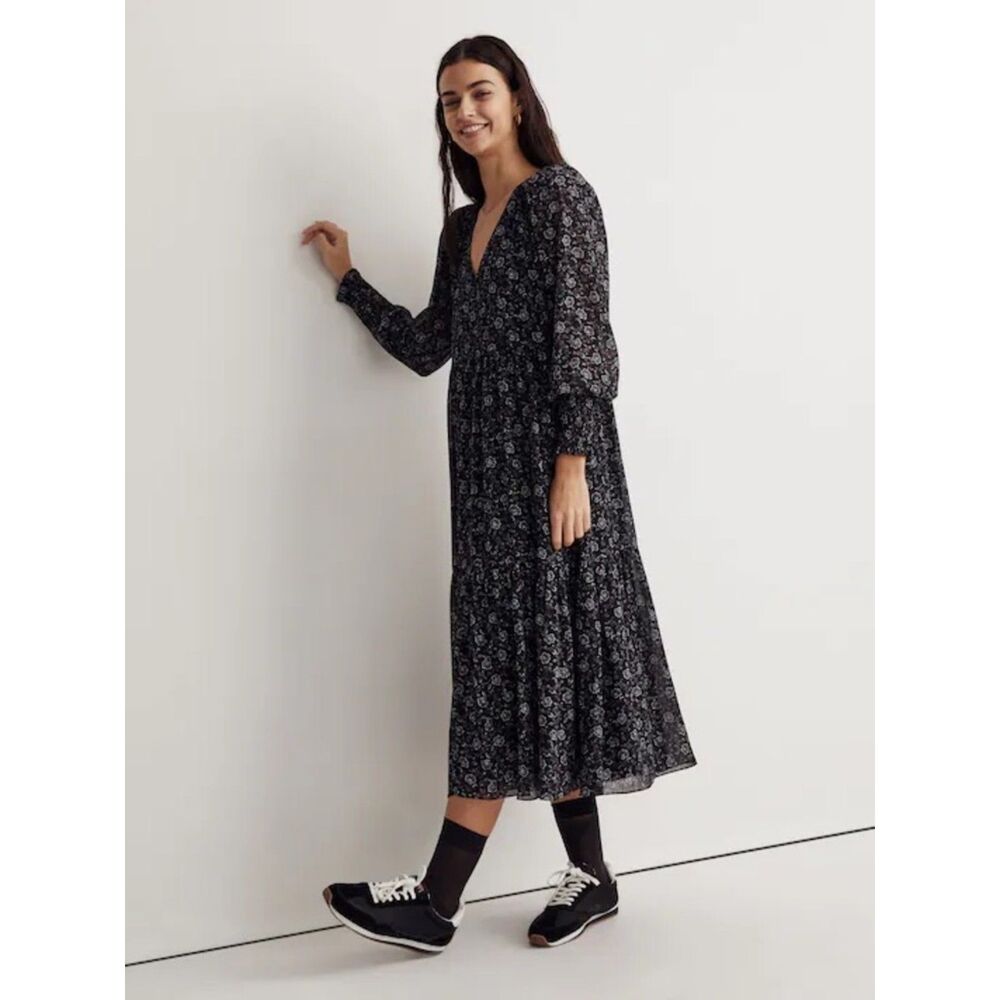 MADEWELL Women’s Black Floral V-Neck Tiered Midi Dress XX-Small Cottagecore